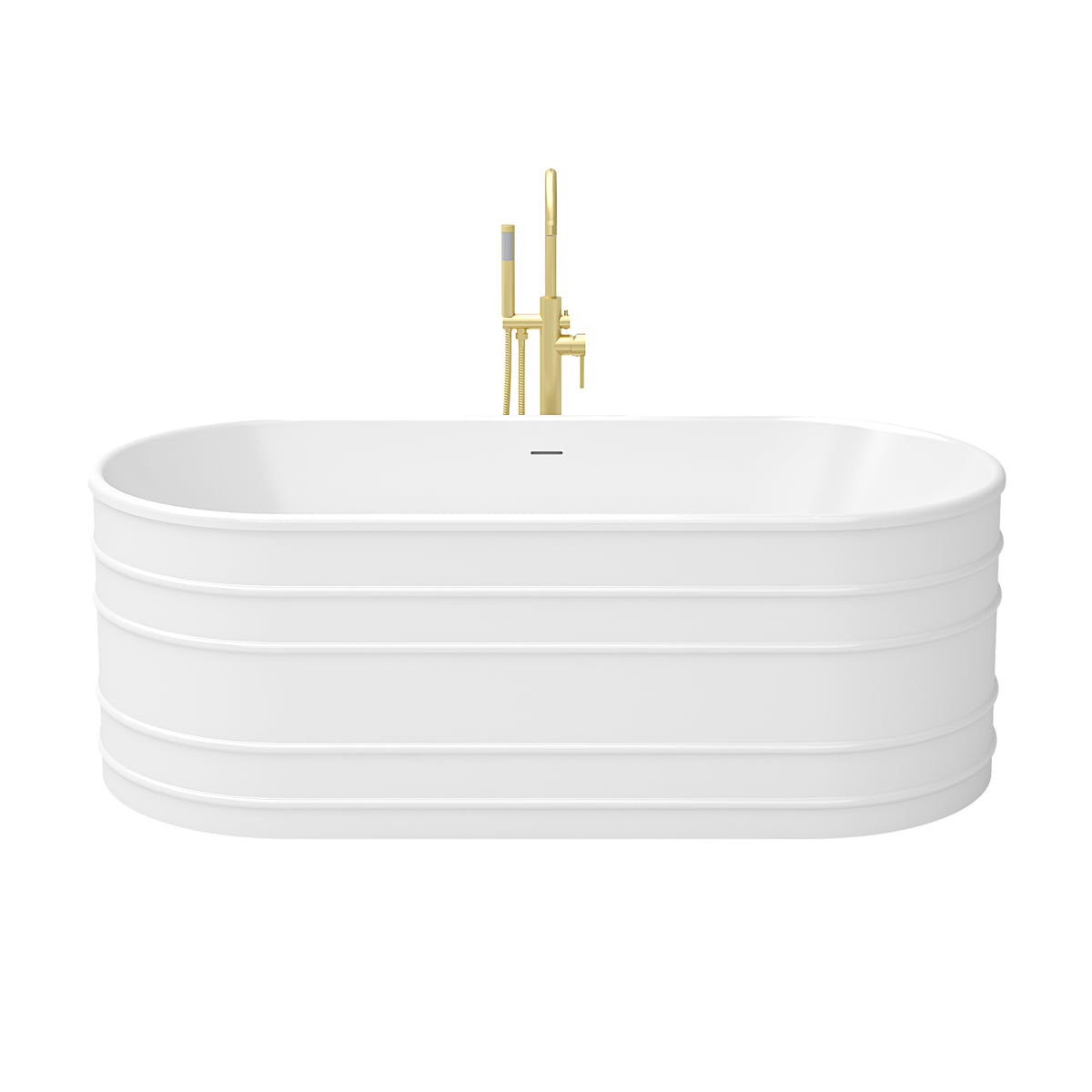 Infinity-Z 67 inch freestanding bathtub with brushed gold drain, shown with a matching floor mount faucet sold separately