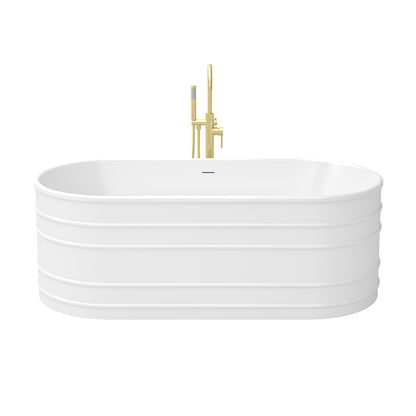 Infinity-Z 67 inch freestanding bathtub with brushed gold drain, shown with a matching floor mount faucet sold separately