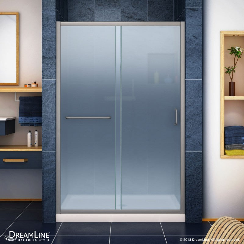 Infinity-Z Semi-Frameless Single Sliding Shower Door Kit with Biscuit Shower Base Pan and Center Drain