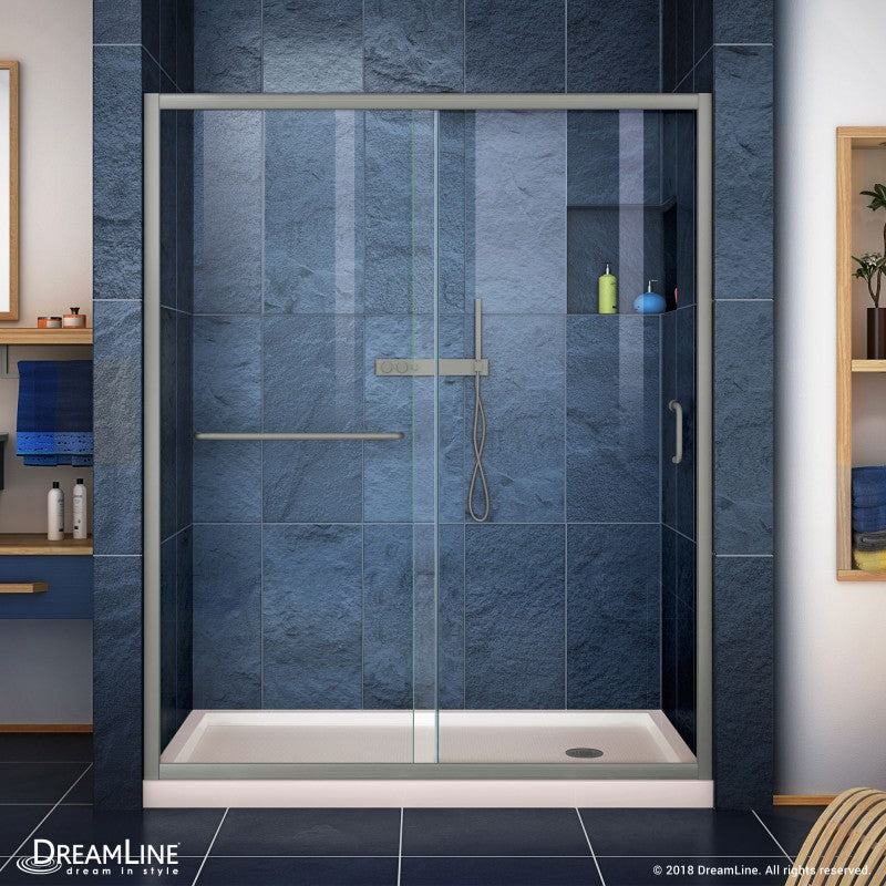 Infinity-Z Semi-Frameless Single Sliding Shower Door Kit with Biscuit Shower Base Pan and Right Drain