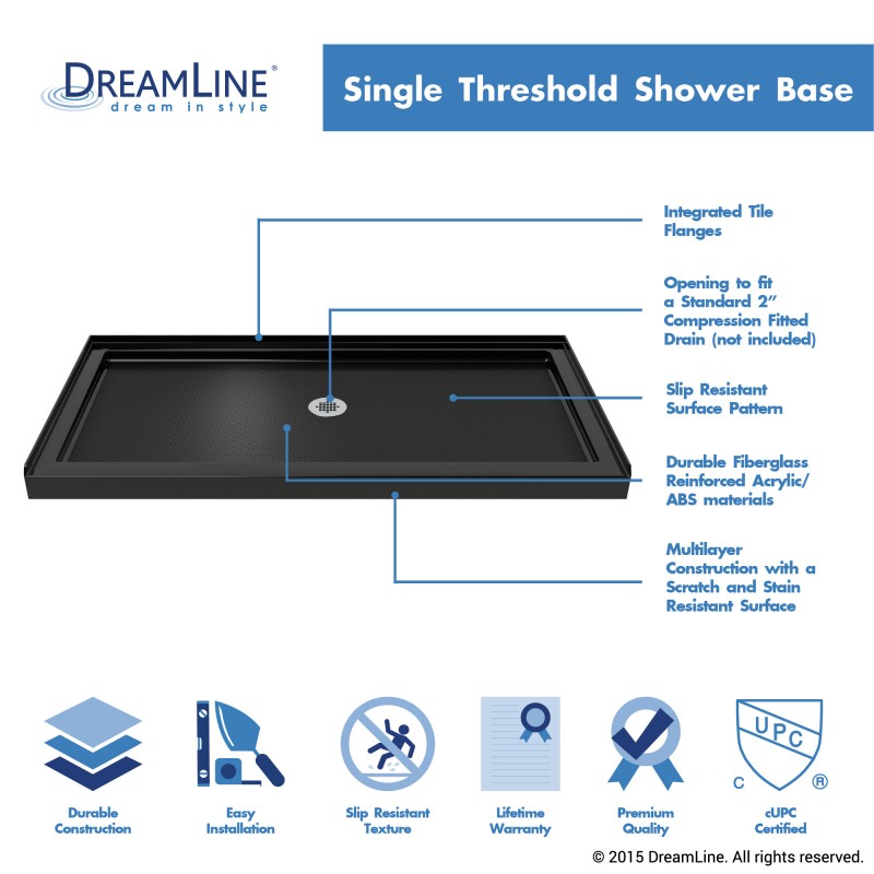 Infinity-Z Semi-Frameless Single Sliding Shower Door Kit with Black Shower Base Pan and Center Drain