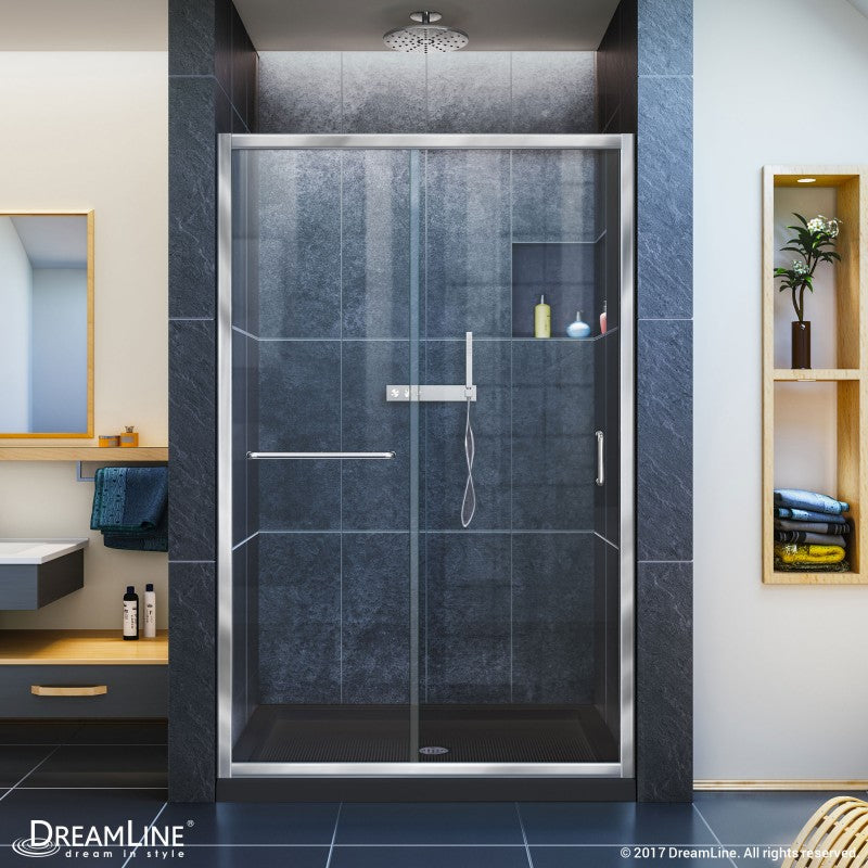 Infinity-Z Semi-Frameless Single Sliding Shower Door Kit with Black Shower Base Pan and Center Drain