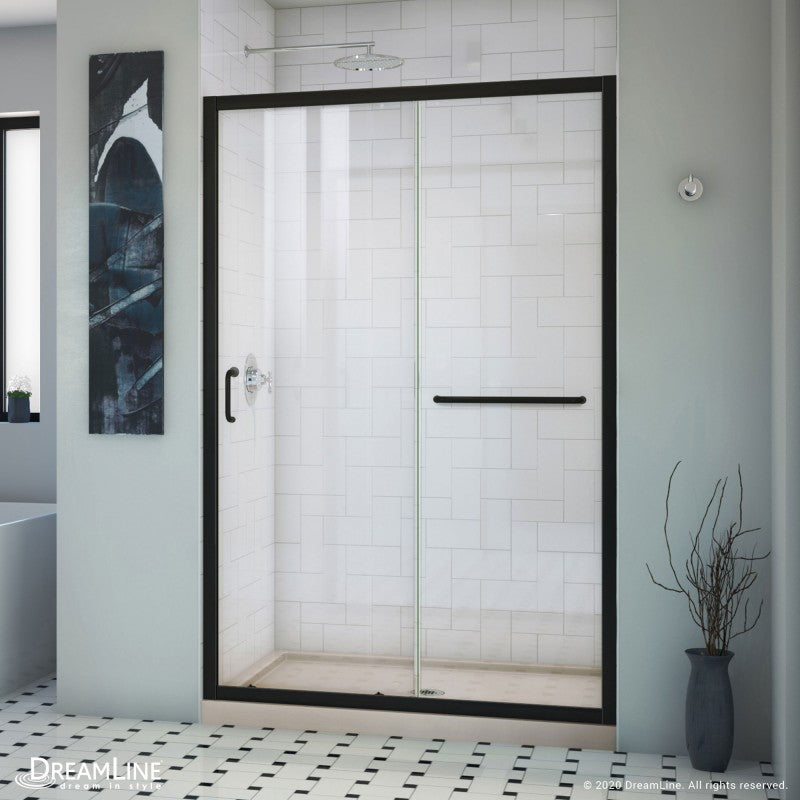 Infinity-Z Semi-Frameless Single Sliding Shower Door Kit with Black Shower Base Pan and Center Drain