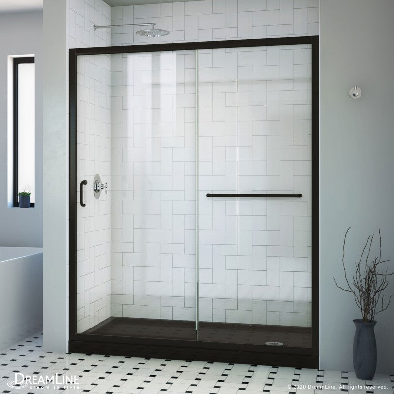 Infinity-Z Semi-Frameless Single Sliding Shower Door Kit with Black Shower Base Pan and Right Drain