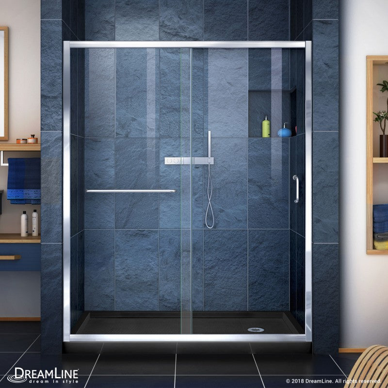 Infinity-Z Semi-Frameless Single Sliding Shower Door Kit with Black Shower Base Pan and Right Drain
