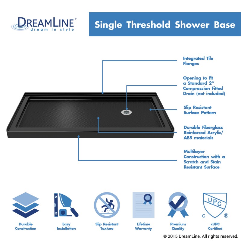 Infinity-Z Semi-Frameless Single Sliding Shower Door Kit with Black Shower Base Pan and Right Drain