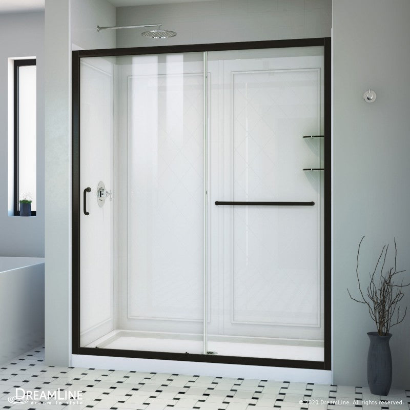 Infinity-Z Semi-Frameless Single Sliding Shower Door Kit with Diamond Style Wall and White Shower Base Pan and Center Drain