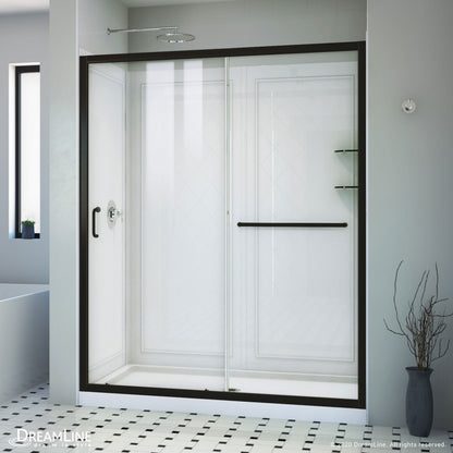 Infinity-Z Semi-Frameless Single Sliding Shower Door Kit with Diamond Style Wall and White Shower Base Pan and Center Drain