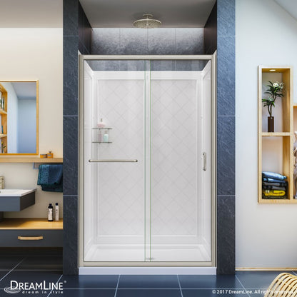 Infinity-Z Semi-Frameless Single Sliding Shower Door Kit with Diamond Style Wall and White Shower Base Pan and Center Drain