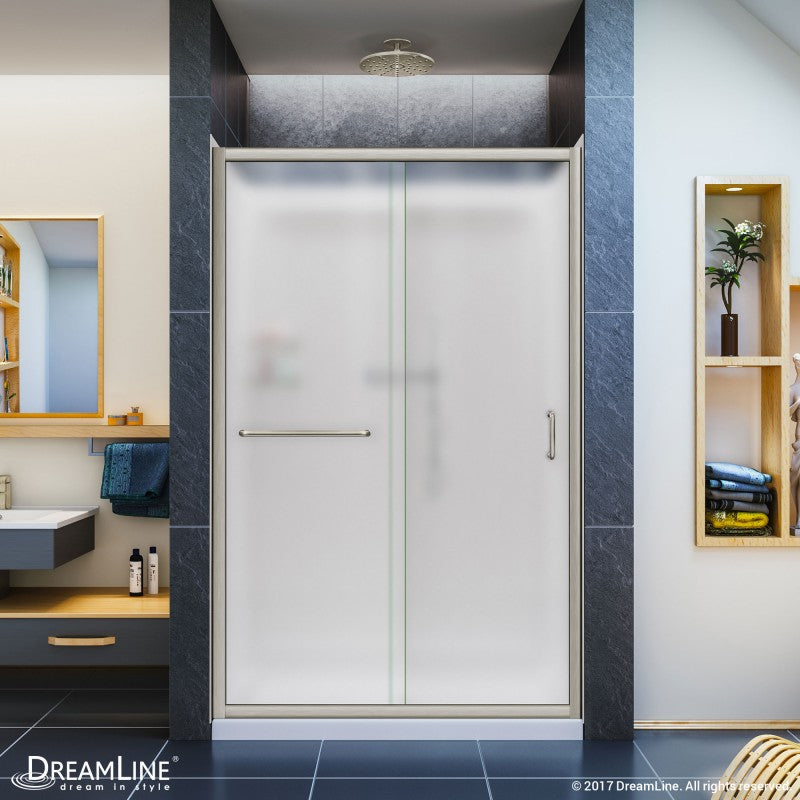 Infinity-Z Semi-Frameless Single Sliding Shower Door Kit with Diamond Style Wall and White Shower Base Pan and Center Drain