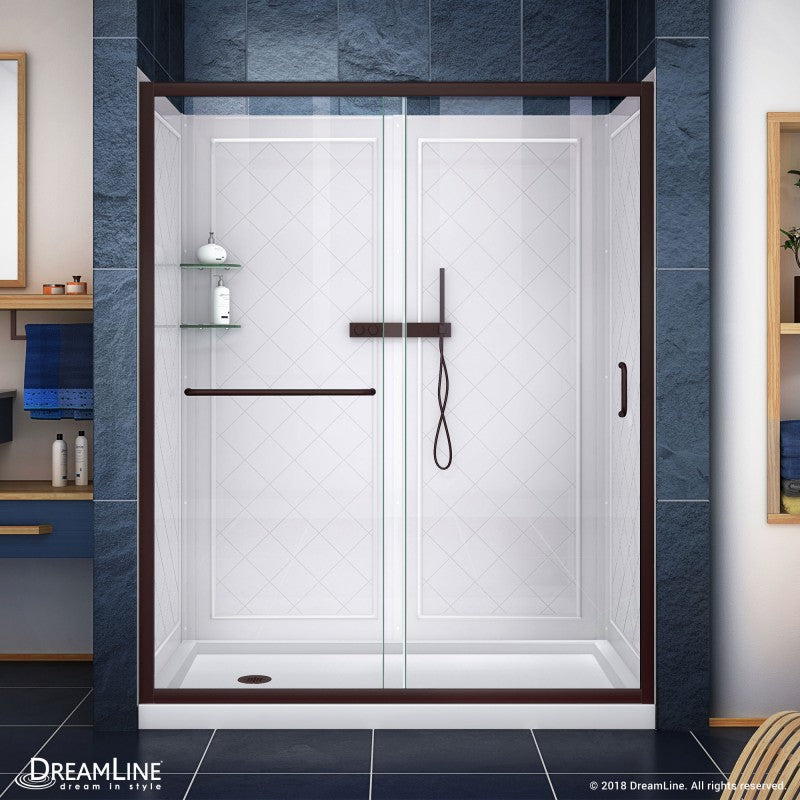 Infinity-Z Semi-Frameless Single Sliding Shower Door Kit with Diamond Style Wall and White Shower Base Pan and Left Drain