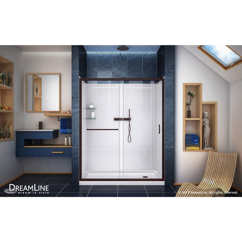 Infinity-Z Semi-Frameless Single Sliding Shower Door Kit with Diamond Style Wall and White Shower Base Pan and Right Drain
