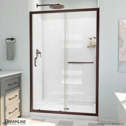 Infinity-Z Semi-Frameless Single Sliding Shower Door Kit with Subway Style Wall and White Shower Base Pan and Center Drain