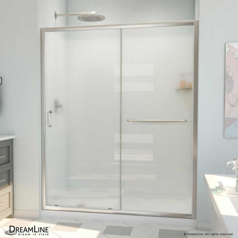 Infinity-Z Semi-Frameless Single Sliding Shower Door Kit with Subway Style Wall and White Shower Base Pan and Left Drain