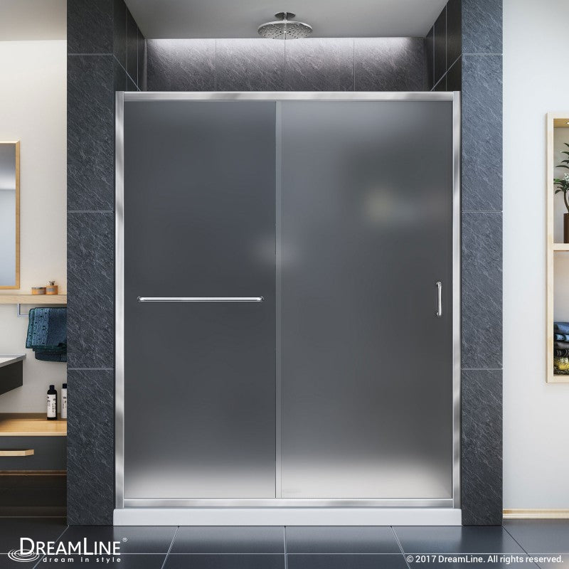 Infinity-Z Semi-Frameless Single Sliding Shower Door Kit with White Shower Base Pan and Center Drain