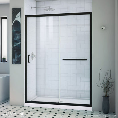 Infinity-Z Semi-Frameless Single Sliding Shower Door Kit with White Shower Base Pan and Center Drain