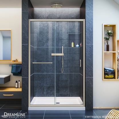 Infinity-Z Semi-Frameless Single Sliding Shower Door Kit with White Shower Base Pan and Center Drain