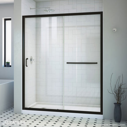 Infinity-Z Semi-Frameless Single Sliding Shower Door Kit with White Shower Base Pan and Left Drain