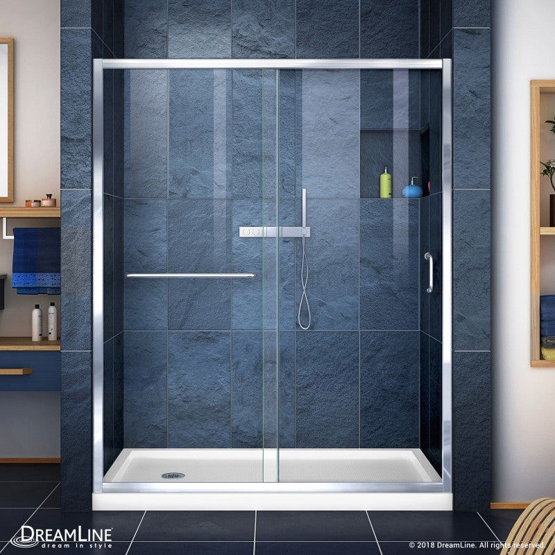 Infinity-Z Semi-Frameless Single Sliding Shower Door Kit with White Shower Base Pan and Left Drain