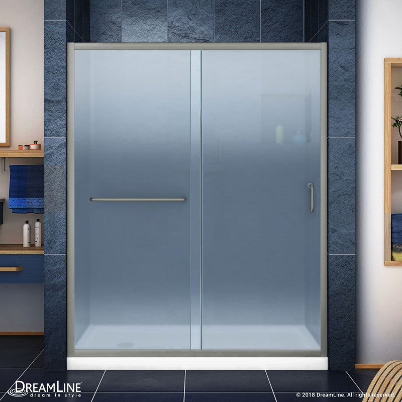 Infinity-Z Semi-Frameless Single Sliding Shower Door Kit with White Shower Base Pan and Left Drain
