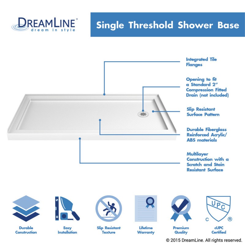 Infinity-Z Semi-Frameless Single Sliding Shower Door Kit with White Shower Base Pan and Right Drain