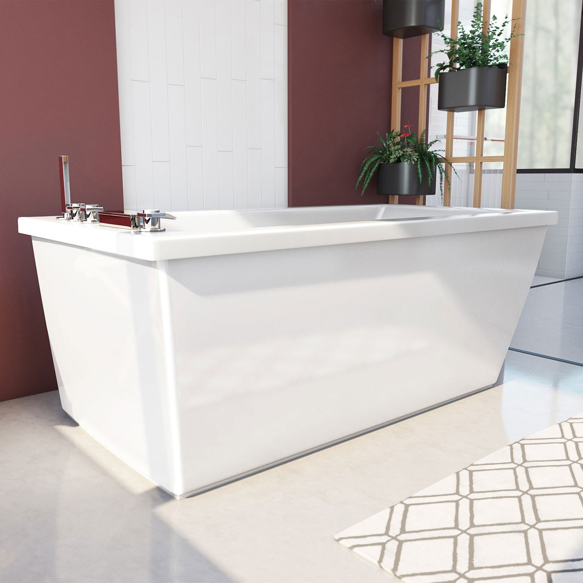 Levantine 60 inch freestanding acrylic bathtub in gloss white, shown in a styled setting