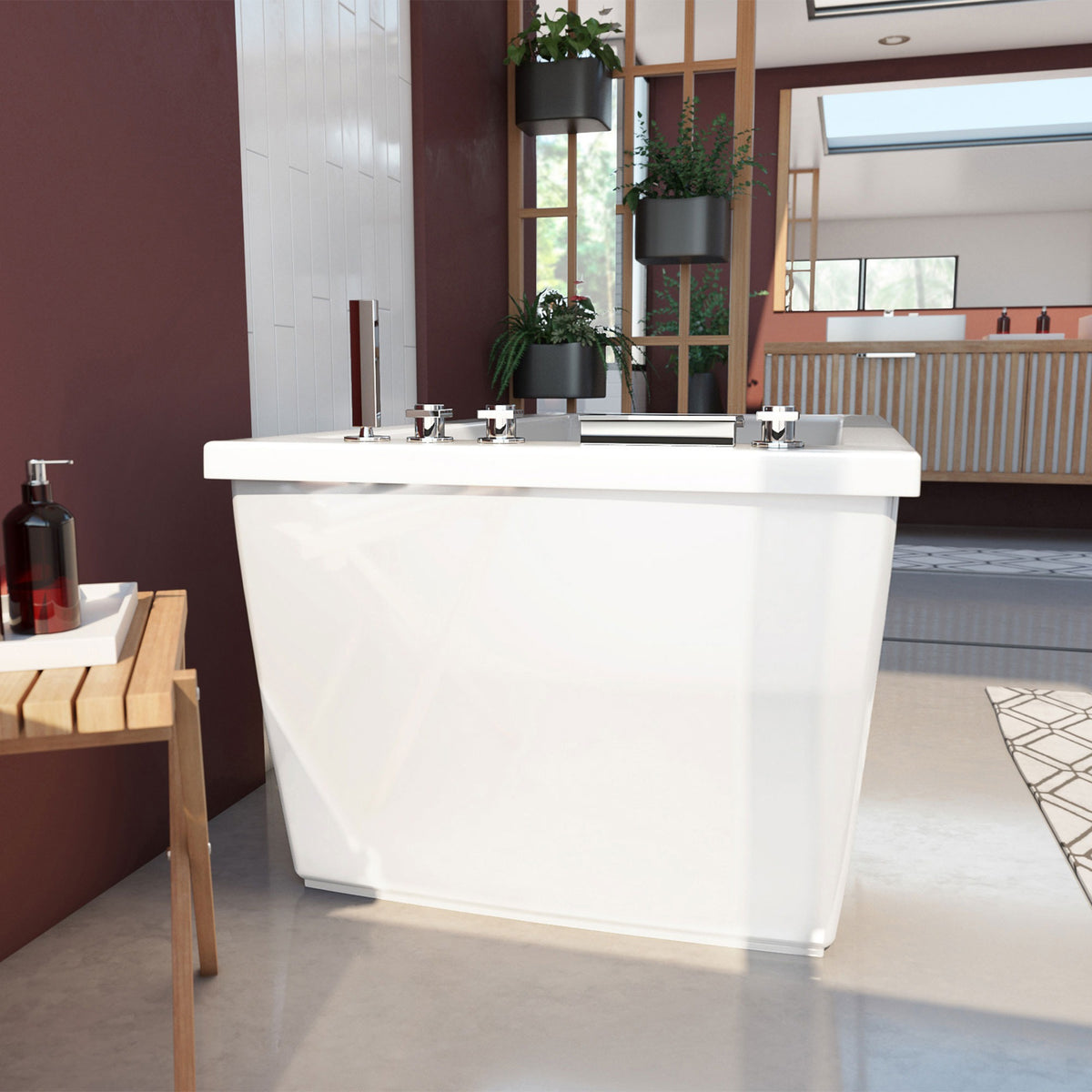 Levantine 60 inch freestanding acrylic bathtub in gloss white, shown in a styled setting