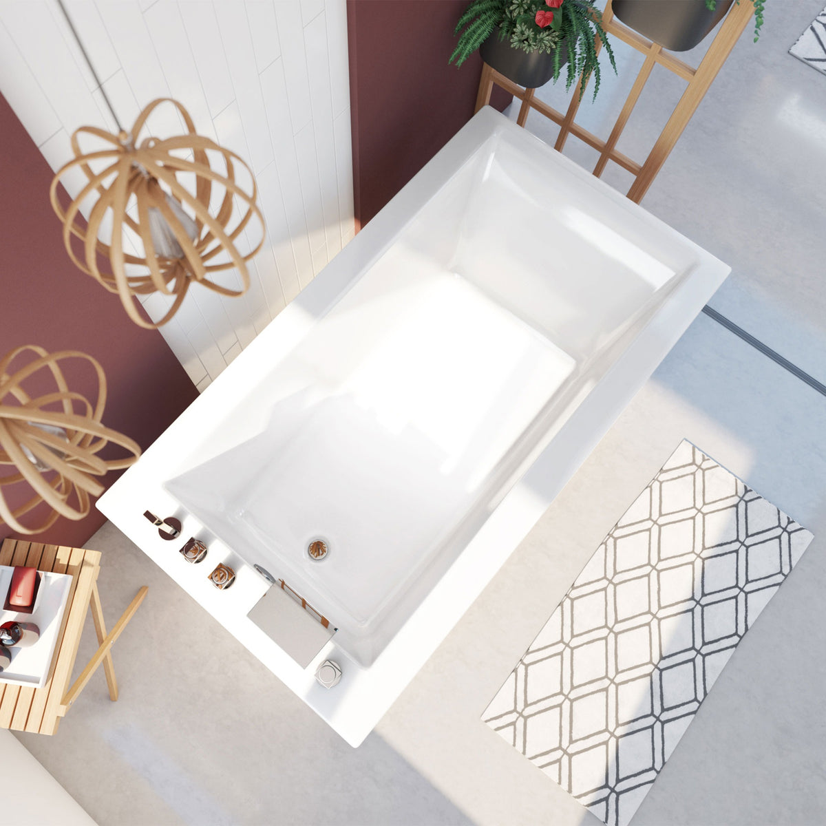 Levantine 60 inch freestanding acrylic bathtub in gloss white, shown in a styled setting