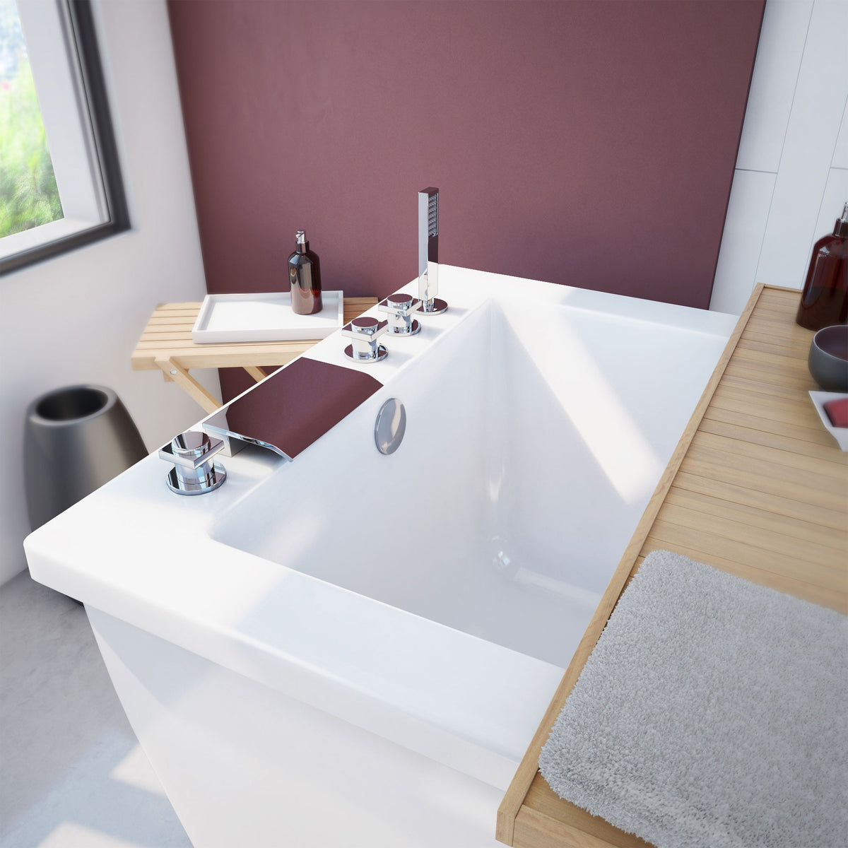 Levantine 60 inch freestanding acrylic bathtub in gloss white, shown in a styled setting