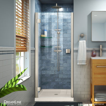 Lumen Semi-Frameless Hinged Shower Door Kit with Biscuit Shower Base Pan and Center Drain