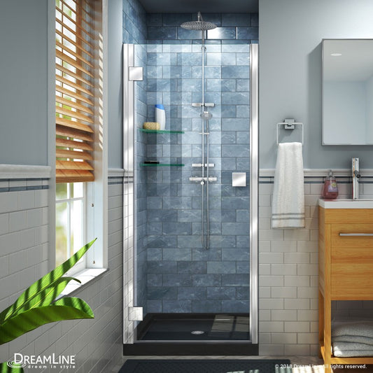 Lumen Semi-Frameless Hinged Shower Door Kit with Black Shower Base Pan and Center Drain