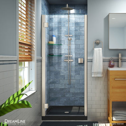 Lumen Semi-Frameless Hinged Shower Door Kit with Black Shower Base Pan and Center Drain