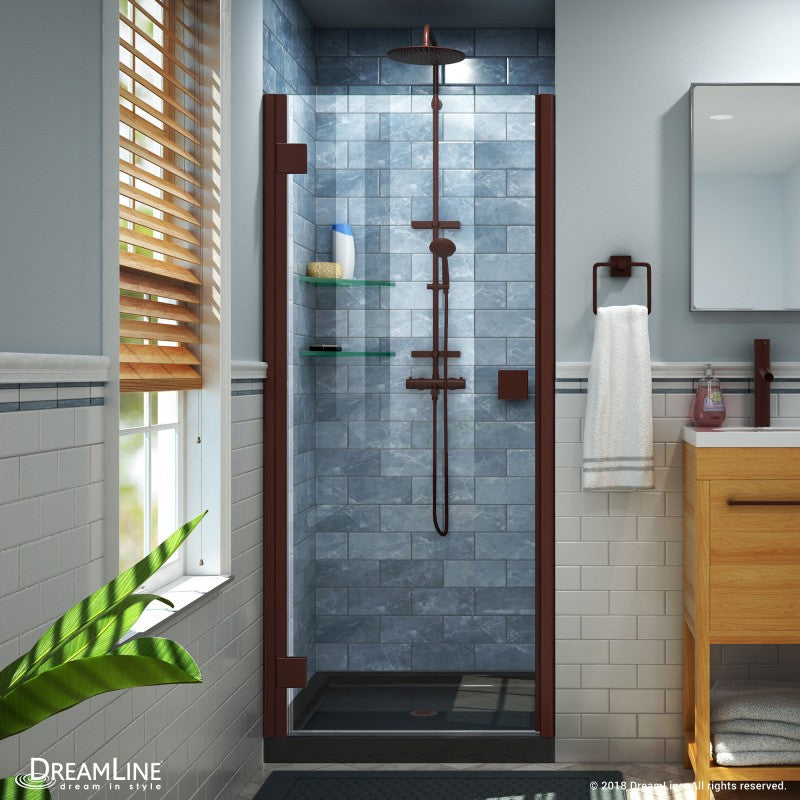 Lumen Semi-Frameless Hinged Shower Door Kit with Black Shower Base Pan and Center Drain