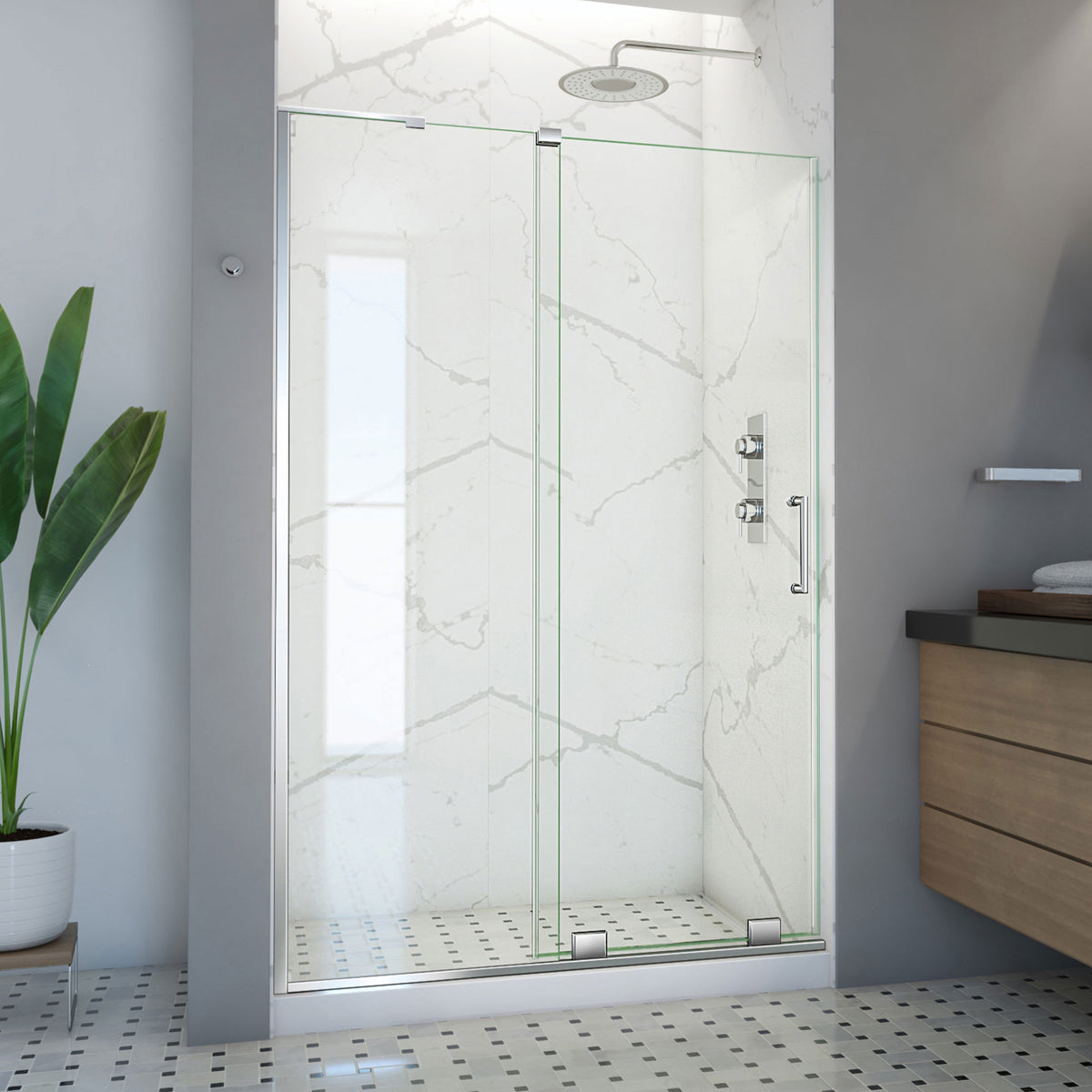 Mirage-X frameless sliding shower door in polished chrome, 44 to 48 inch size, left wall installation