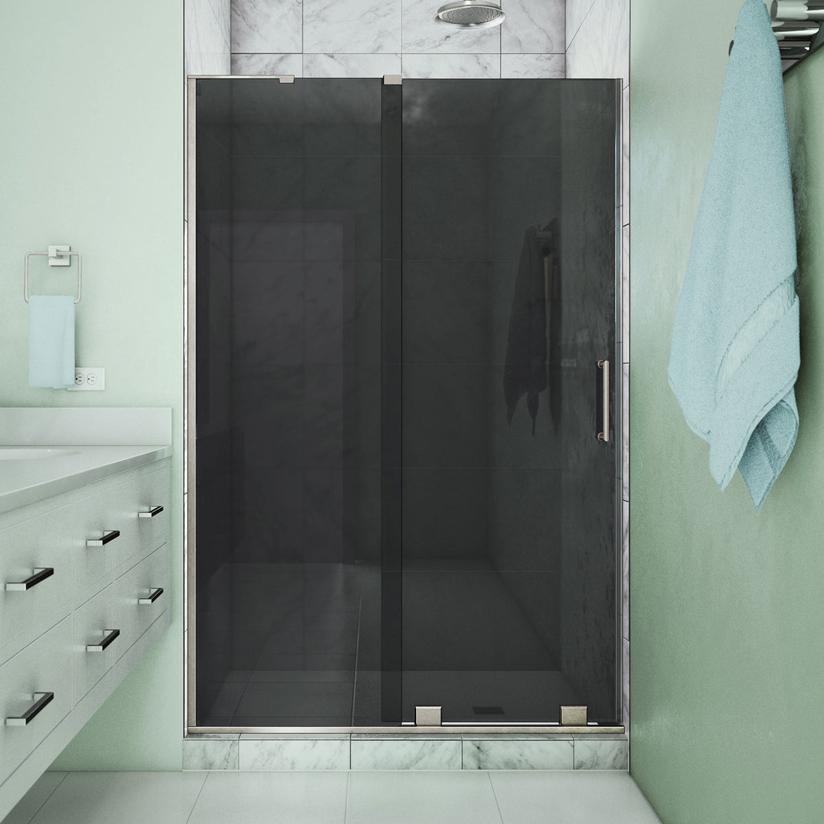 Mirage-X frameless sliding shower door in brushed nickel with smoke grey glass