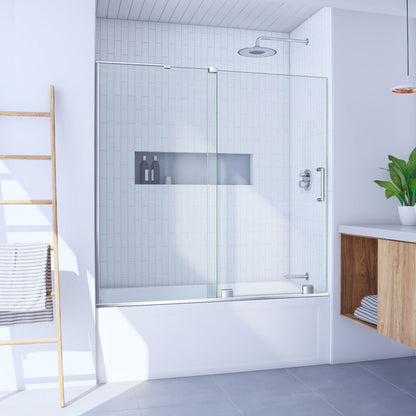 Mirage-X frameless sliding tub door in polished chrome on an alcove bathtub