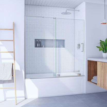 Mirage-X frameless sliding tub door in brushed nickel on an alcove bathtub