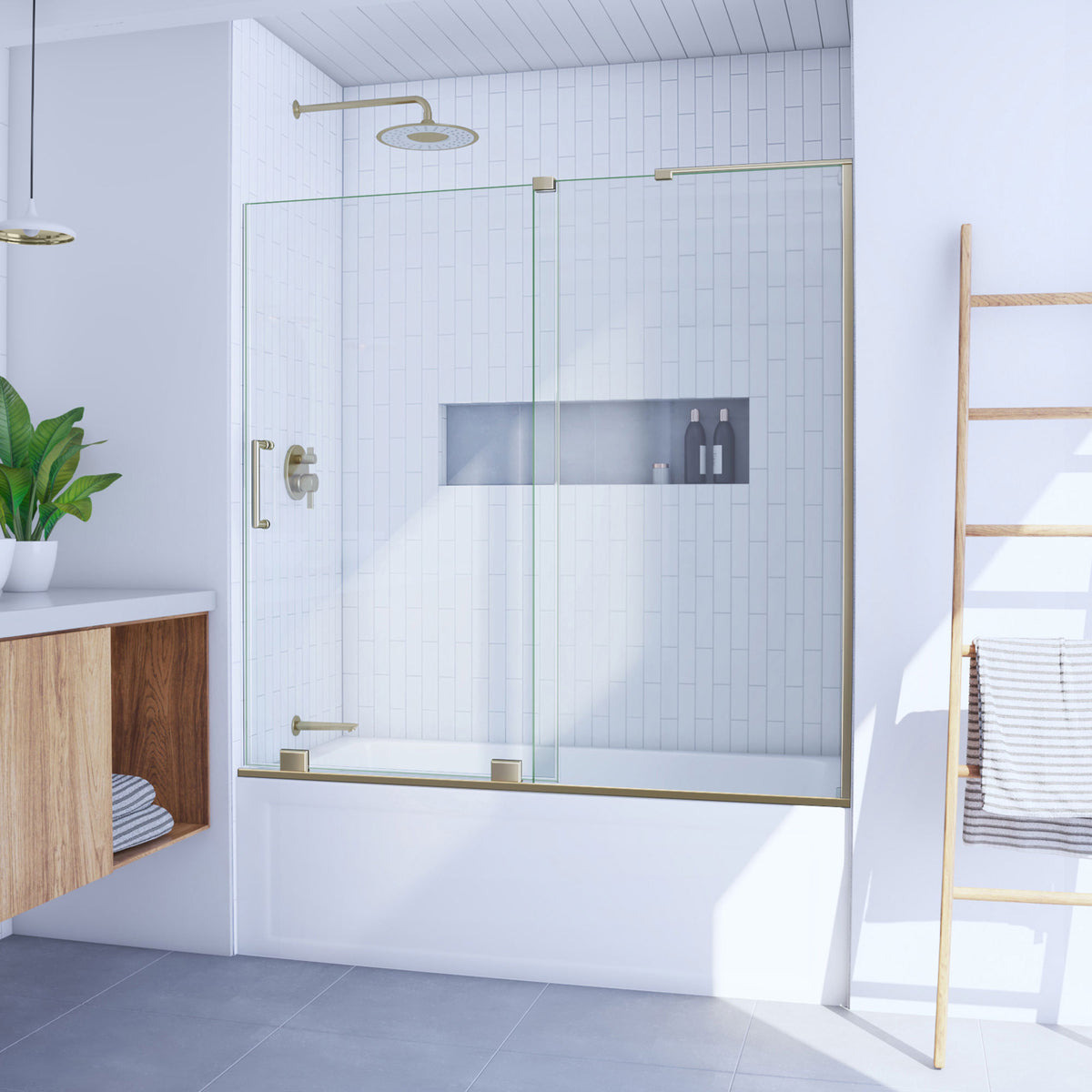 Mirage-X frameless sliding tub door in brushed gold on an alcove bathtub