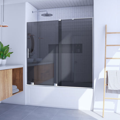 Mirage-X frameless sliding tub door in polished chrome with smoke grey glass
