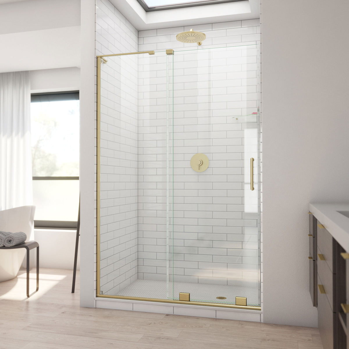 Mirage-X frameless sliding shower door in brushed gold, 44 to 48 inch size