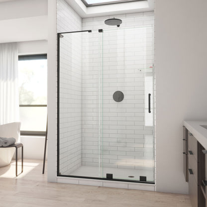 Mirage-X frameless sliding shower door in satin black, 44 to 48 inch size