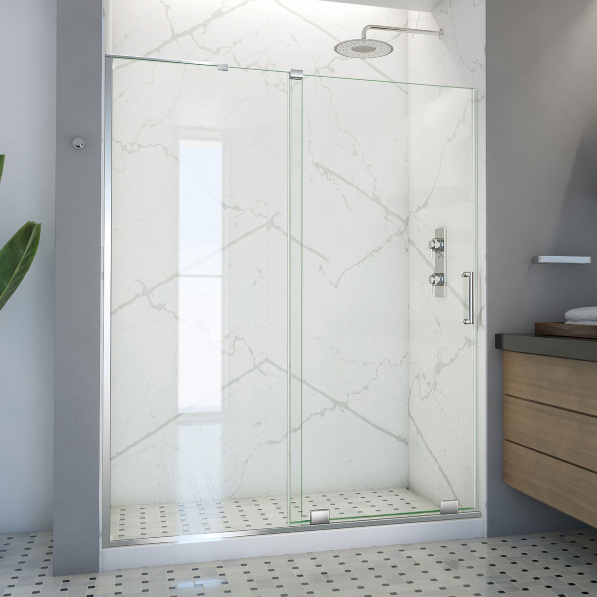 Mirage-X frameless sliding shower door in polished chrome, 50 to 59 inch sizes