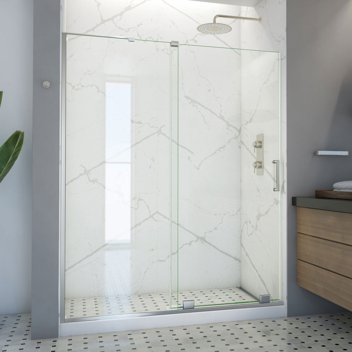 Mirage-X frameless sliding shower door in brushed nickel, 50 to 59 inch sizes