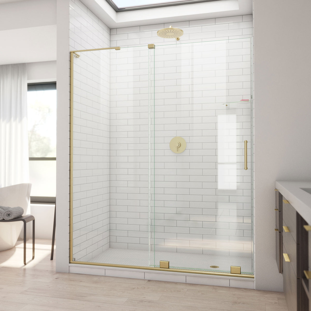 Mirage-X frameless sliding shower door in brushed gold, 50 to 59 inch sizes