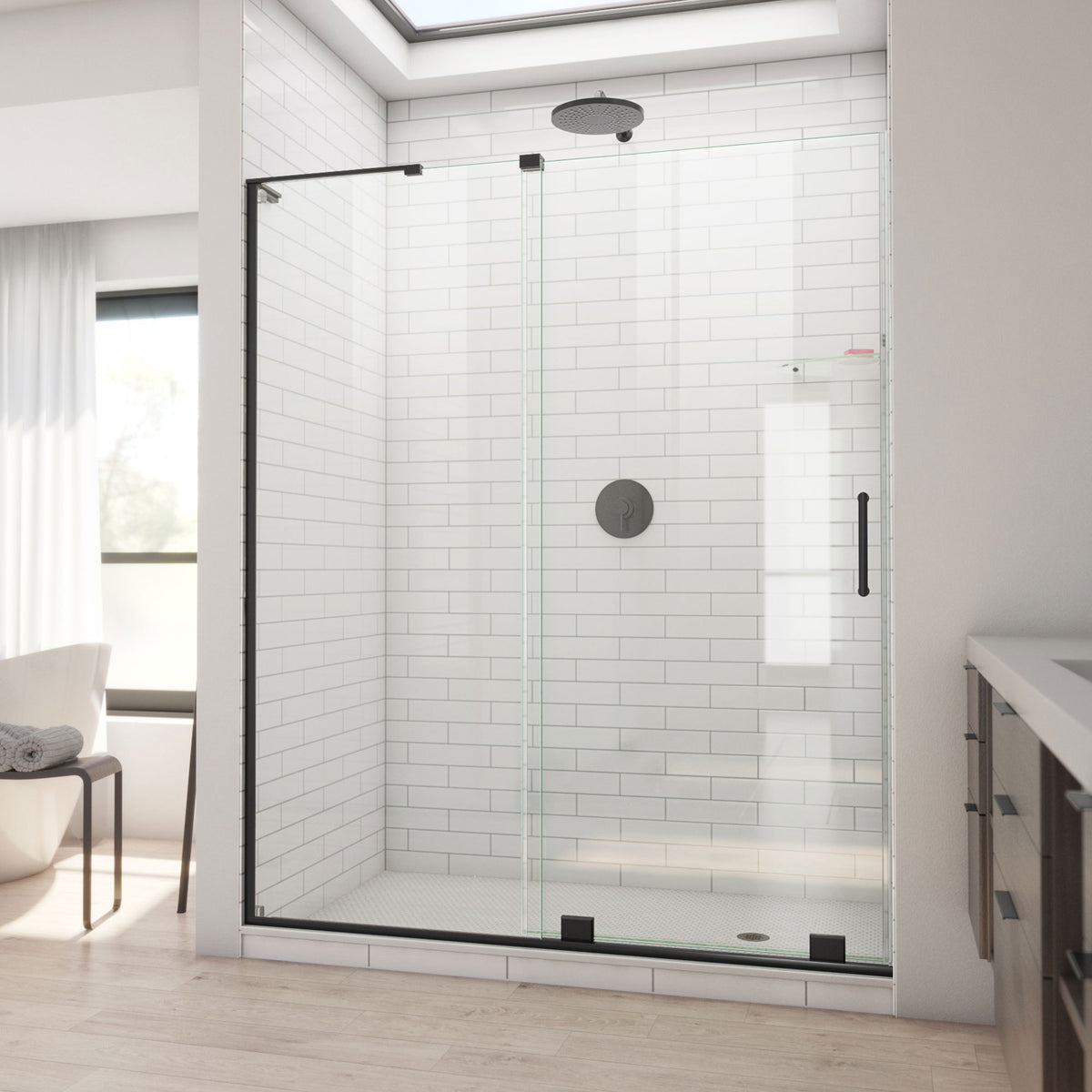 Mirage-X frameless sliding shower door in satin black, 50 to 59 inch sizes