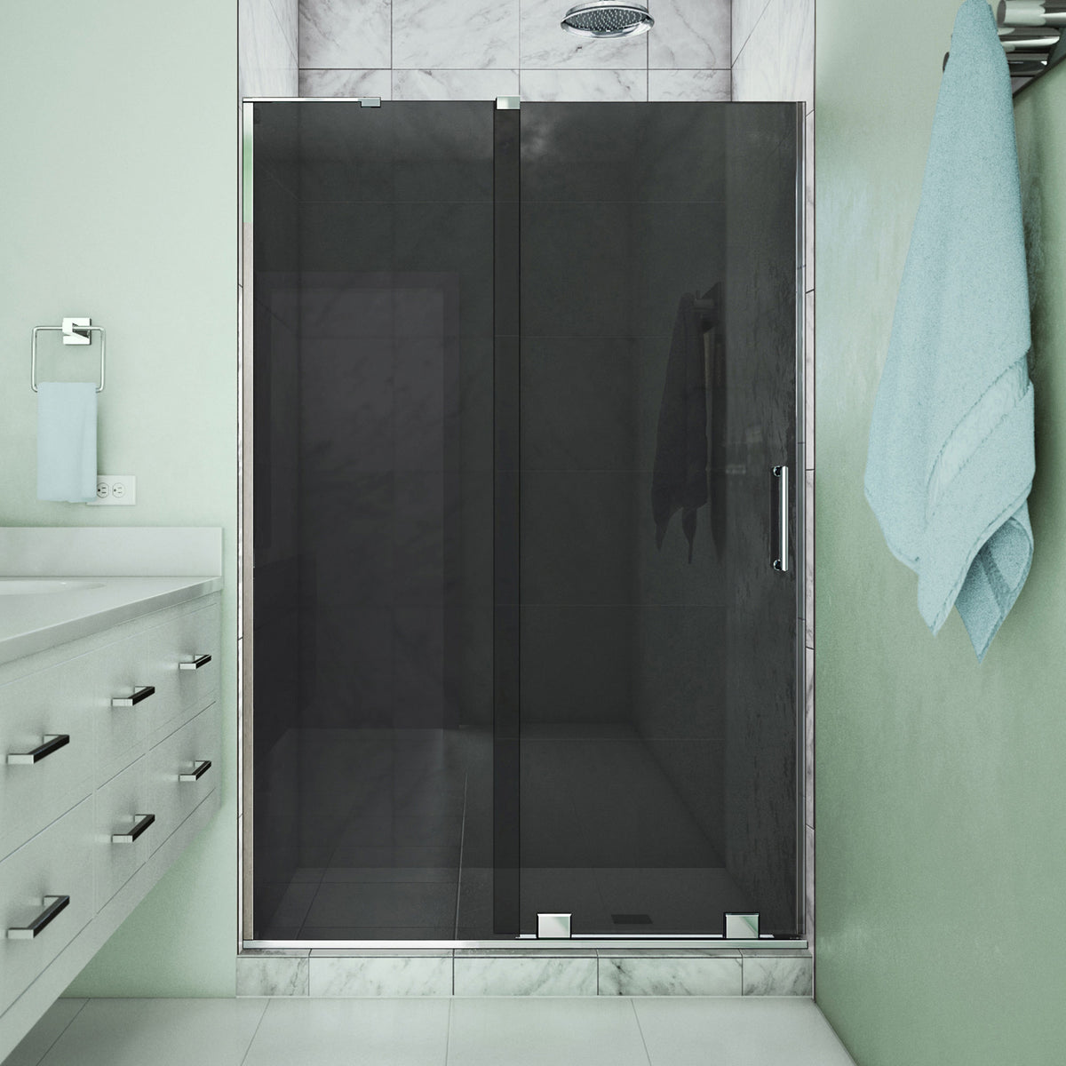 Mirage-X frameless sliding shower door in polished chrome with smoke grey glass