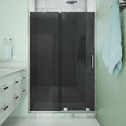 Mirage-X frameless sliding shower door in polished chrome with smoke grey glass