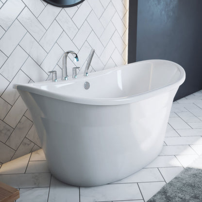 Montego 60 inch freestanding acrylic bathtub in gloss white, shown in a styled setting