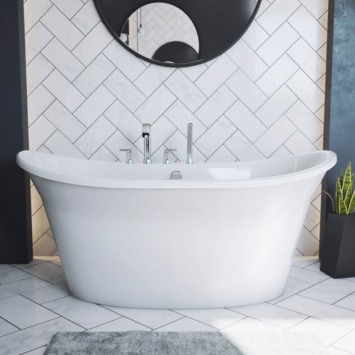 Montego 60 inch freestanding acrylic bathtub in gloss white, shown in a styled setting