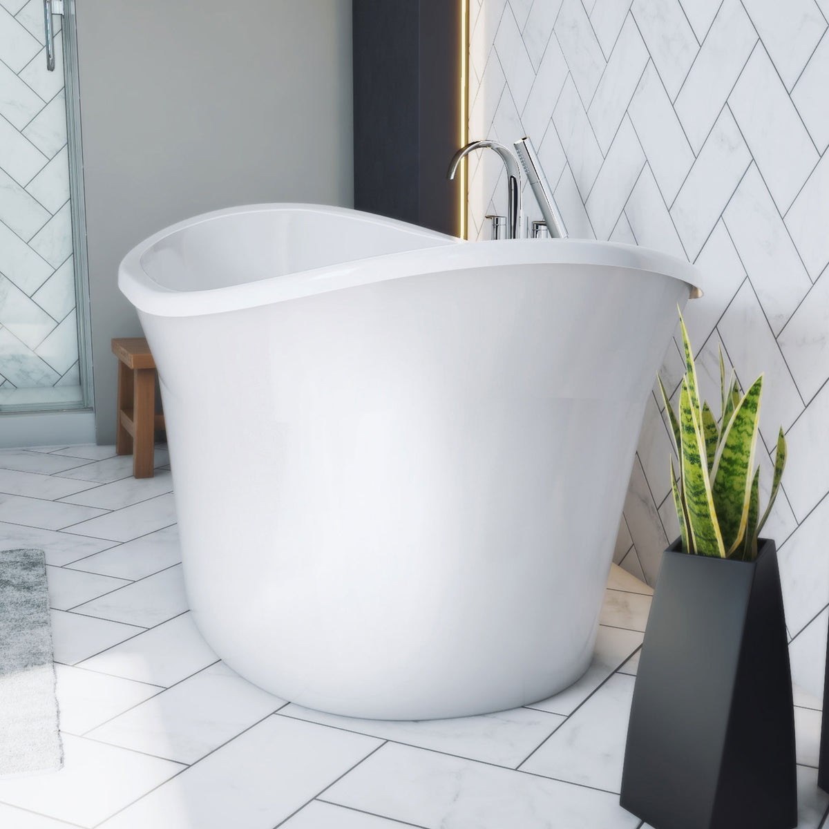 Montego 60 inch freestanding acrylic bathtub in gloss white, shown in a styled setting